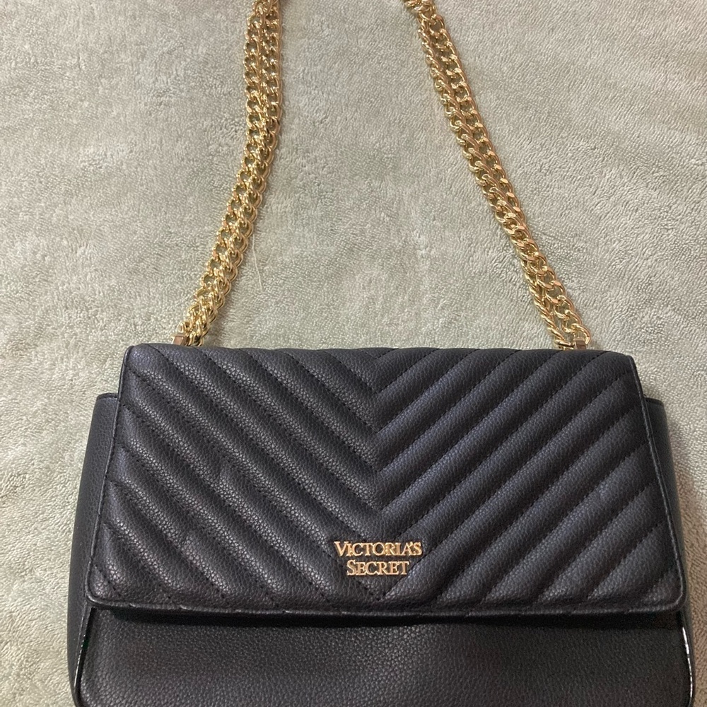 Victoria's Secret Black and Gold Crossbody Bag with Quilted Design